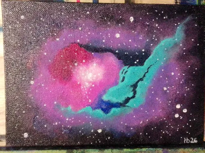 Untitled. A glowing pink core beside a teal nebula cloud in deep violet space.