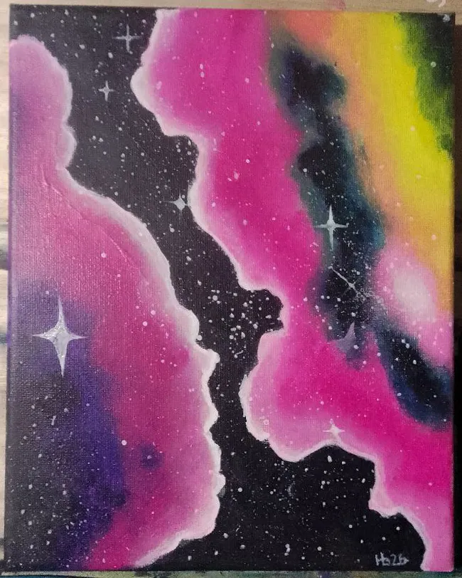 Untitled. A magenta and pink galaxy split by dark sky, scattered with bright four-point sparkle stars.