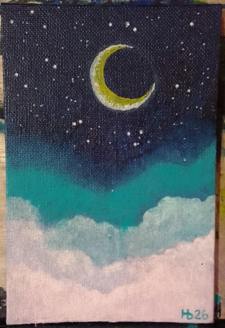 Above the Clouds. A golden crescent moon hangs over moonlit clouds and a deep teal night sky.