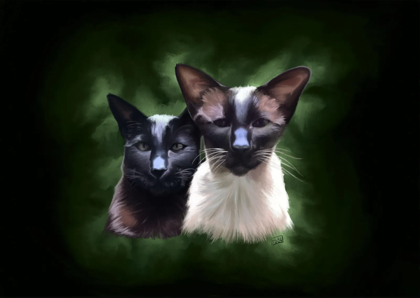 Anubis and Uma, a painted portrait of two cats, one black and one cream with dark points, against a deep green background