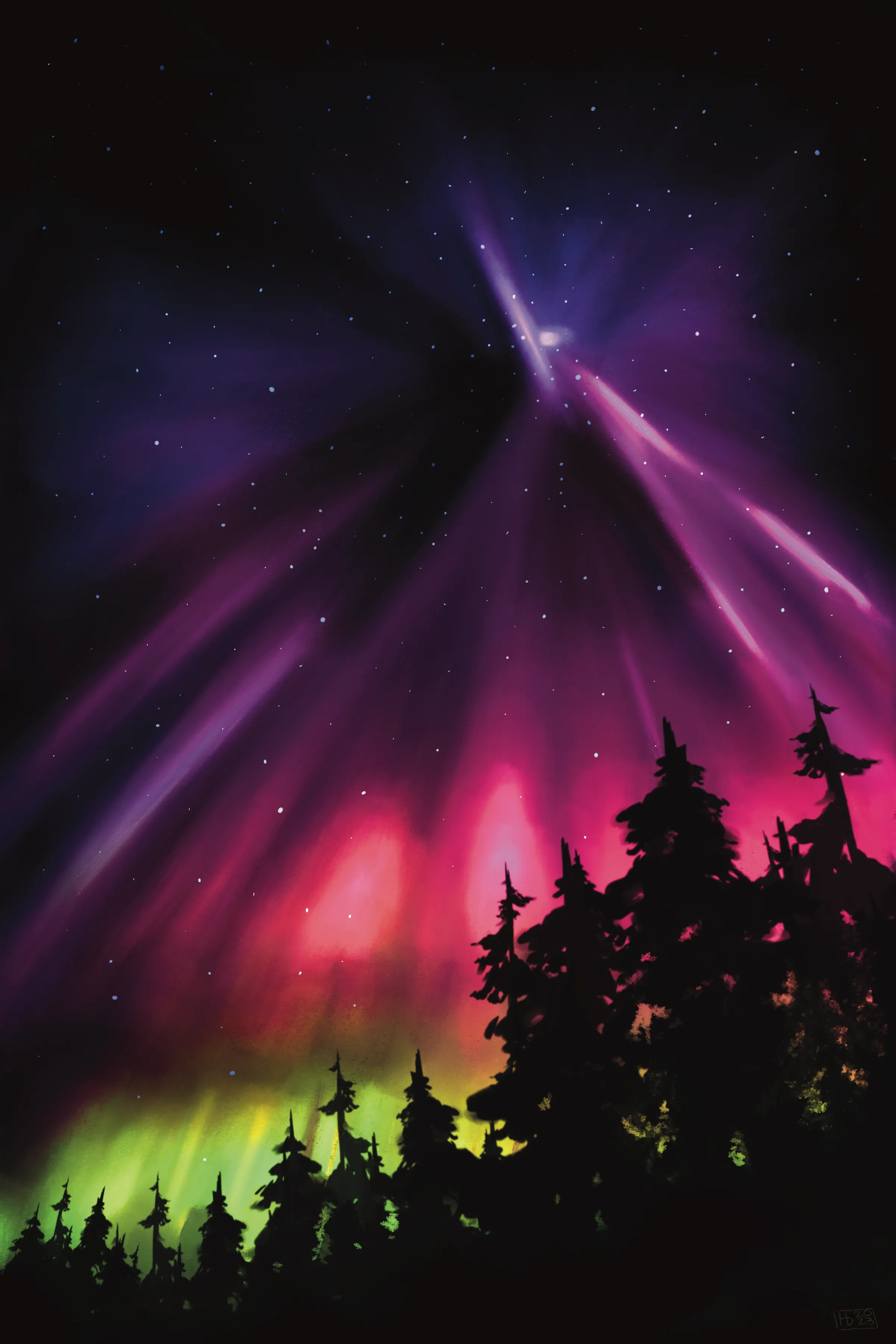 Aurora. A vivid aurora of violet, magenta, and green light bursting from a single star over a silhouetted pine treeline.