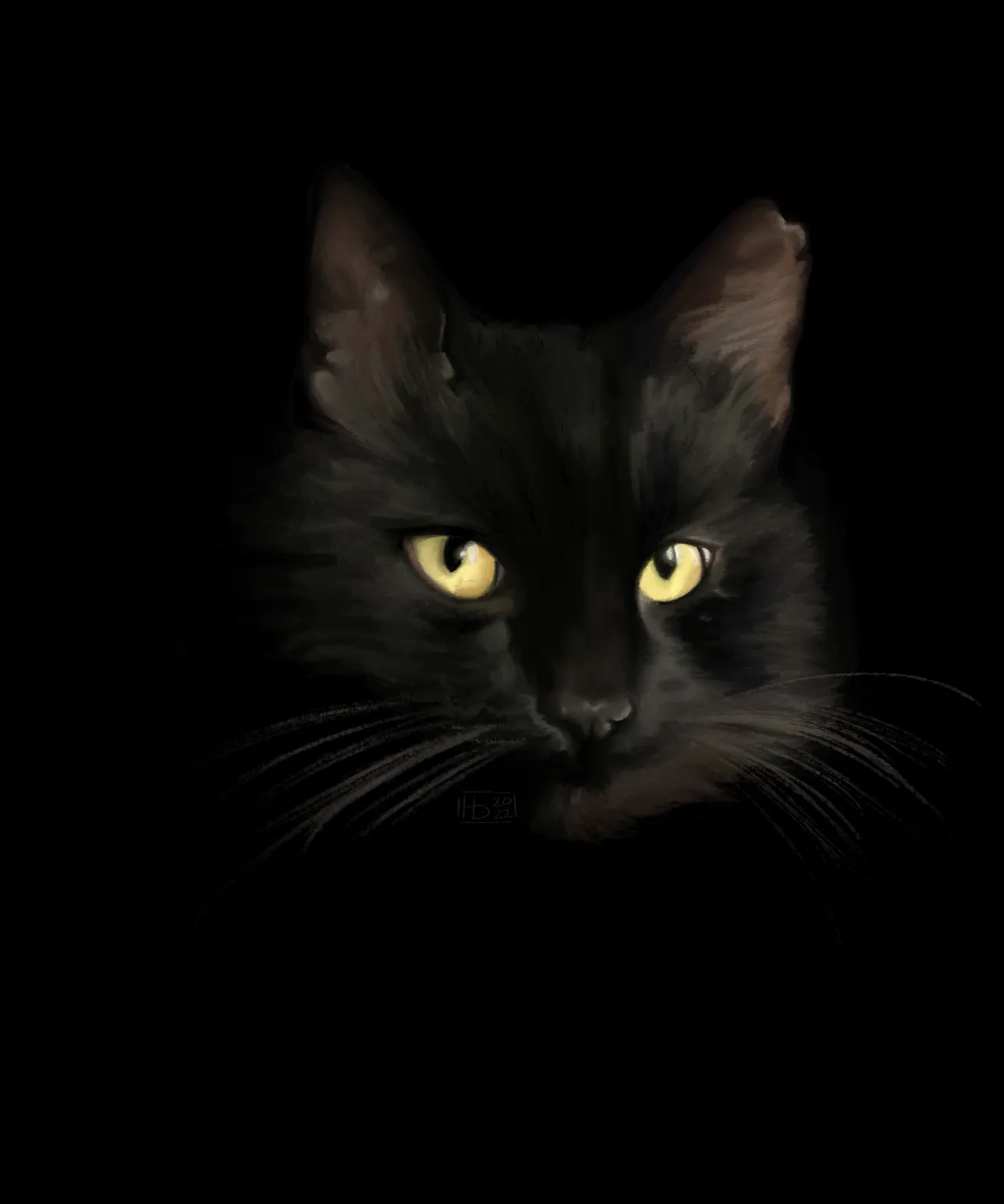 Bird, a digital painting of a black cat with golden eyes
