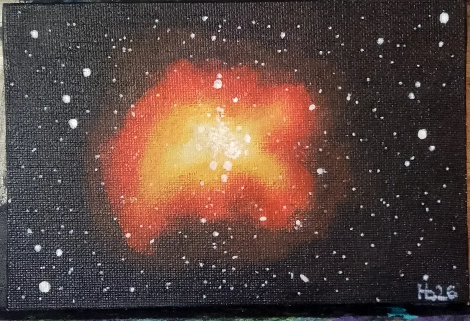 Ember. A glowing amber and orange nebula burning at the center of a deep star field.