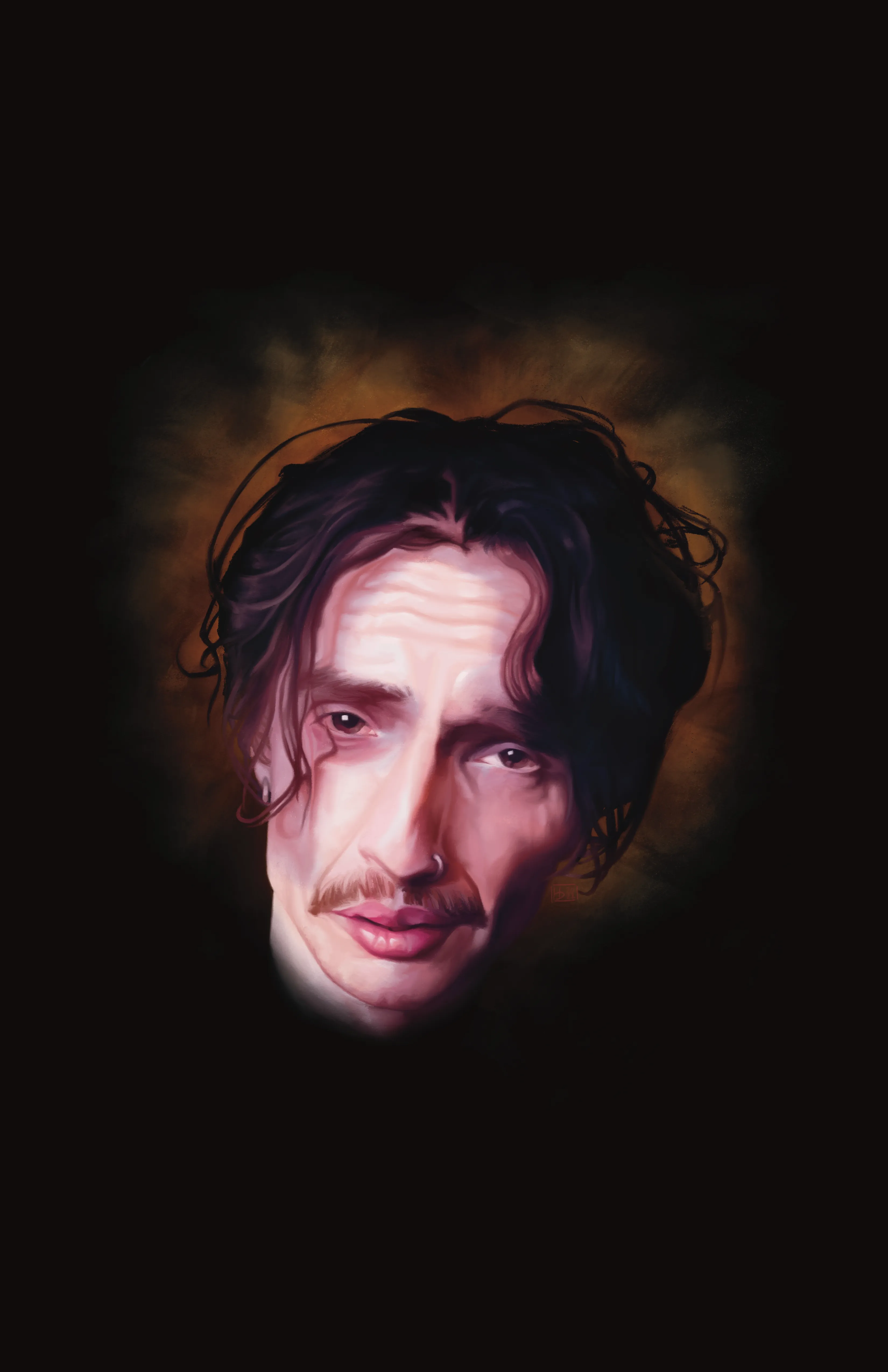 Justin Hawkins. Justin Hawkins lit out of the dark, curls swept back, a warm amber haze burning behind him.