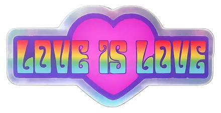 Love is Love sticker with a rainbow gradient and a pink heart