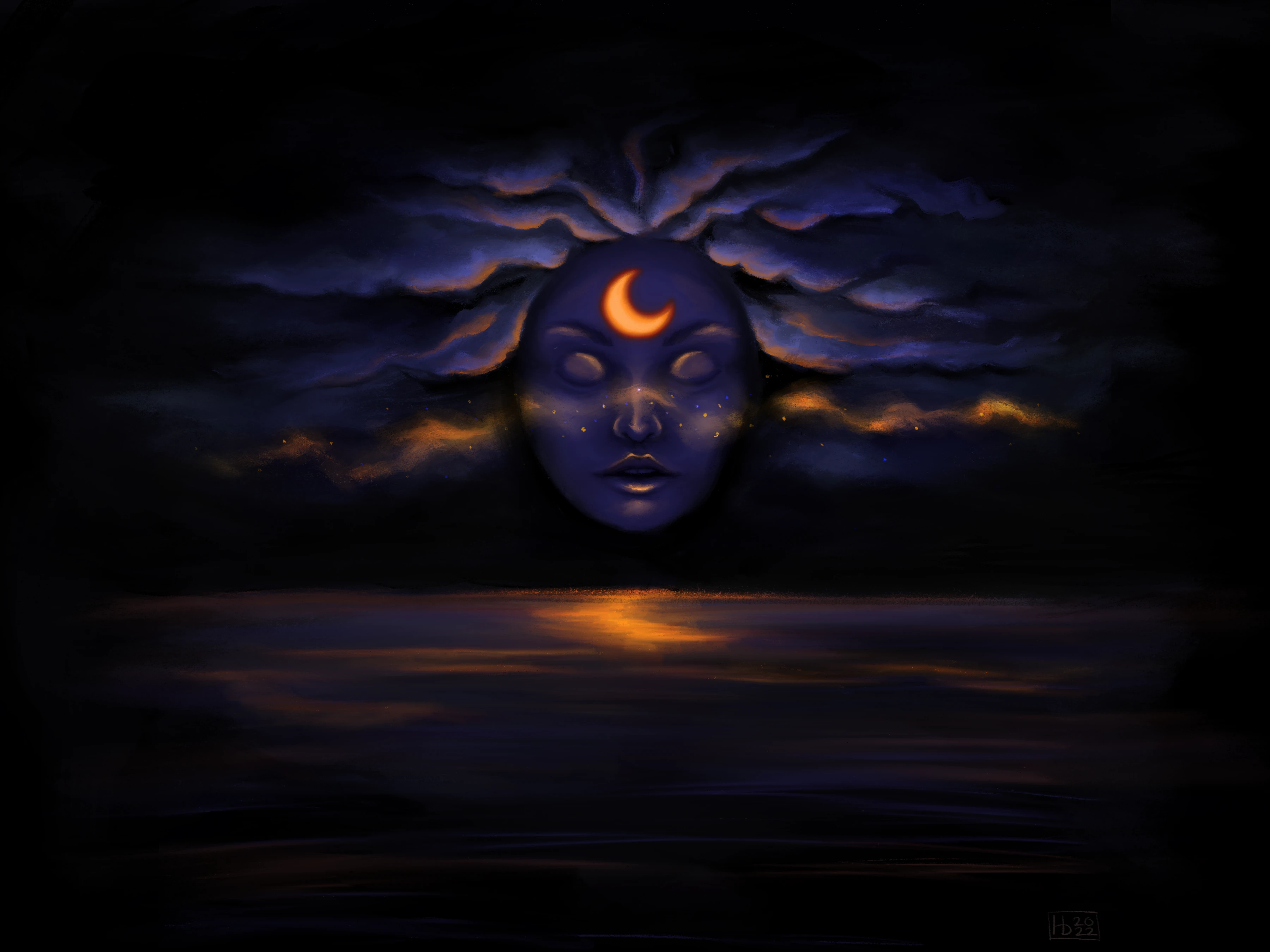 Luna. A moon-crowned face in storm clouds above the sea.