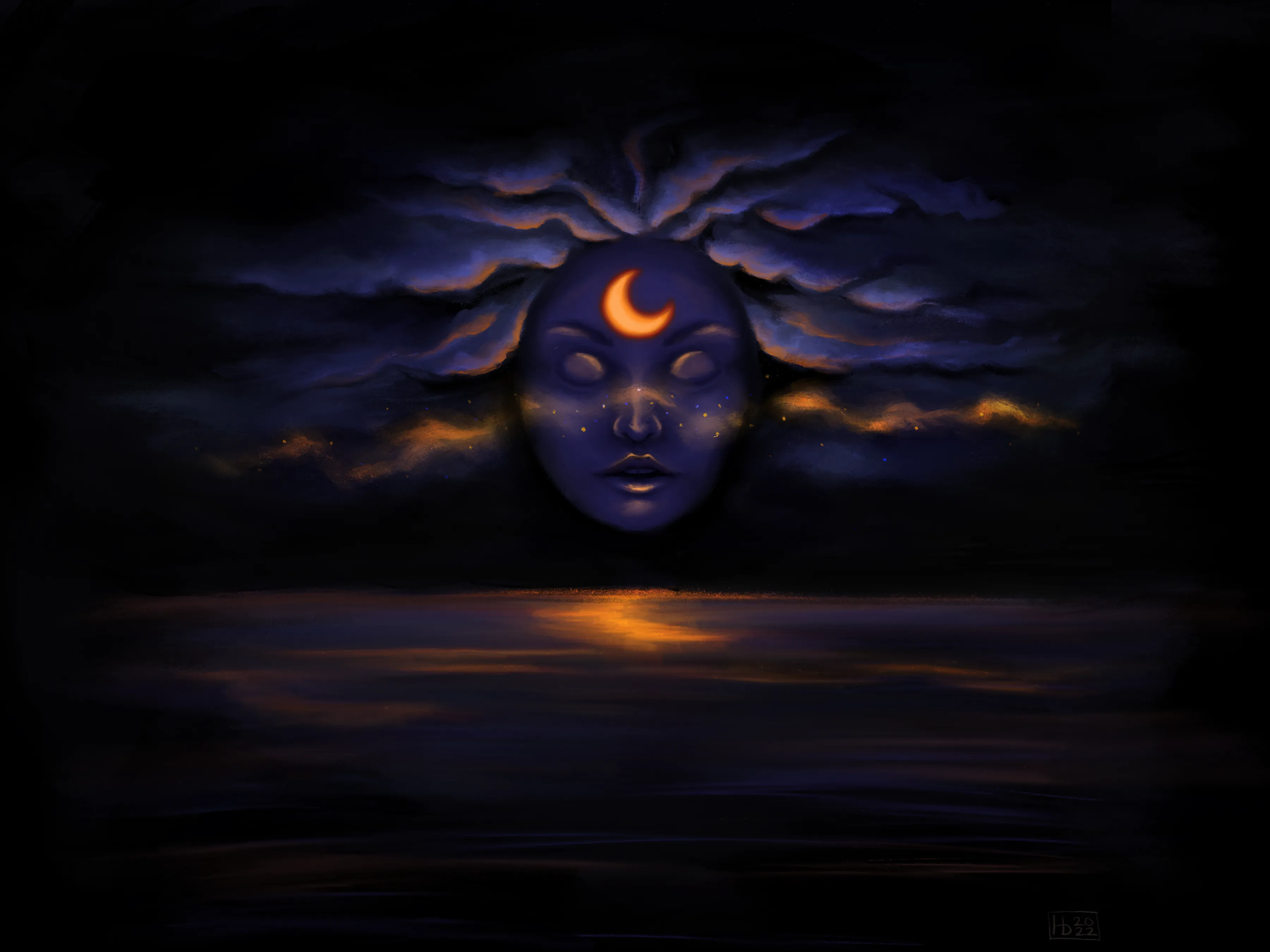 Luna. A moon-crowned face in storm clouds above the sea.