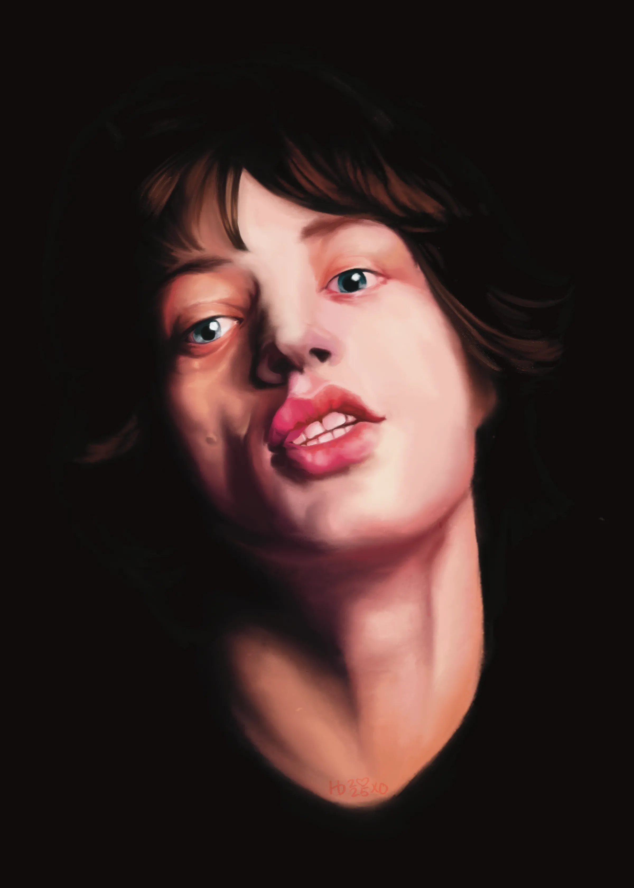Mick Jagger. Mick Jagger turned into the light on a black field, lips parted, dark hair falling across one eye.