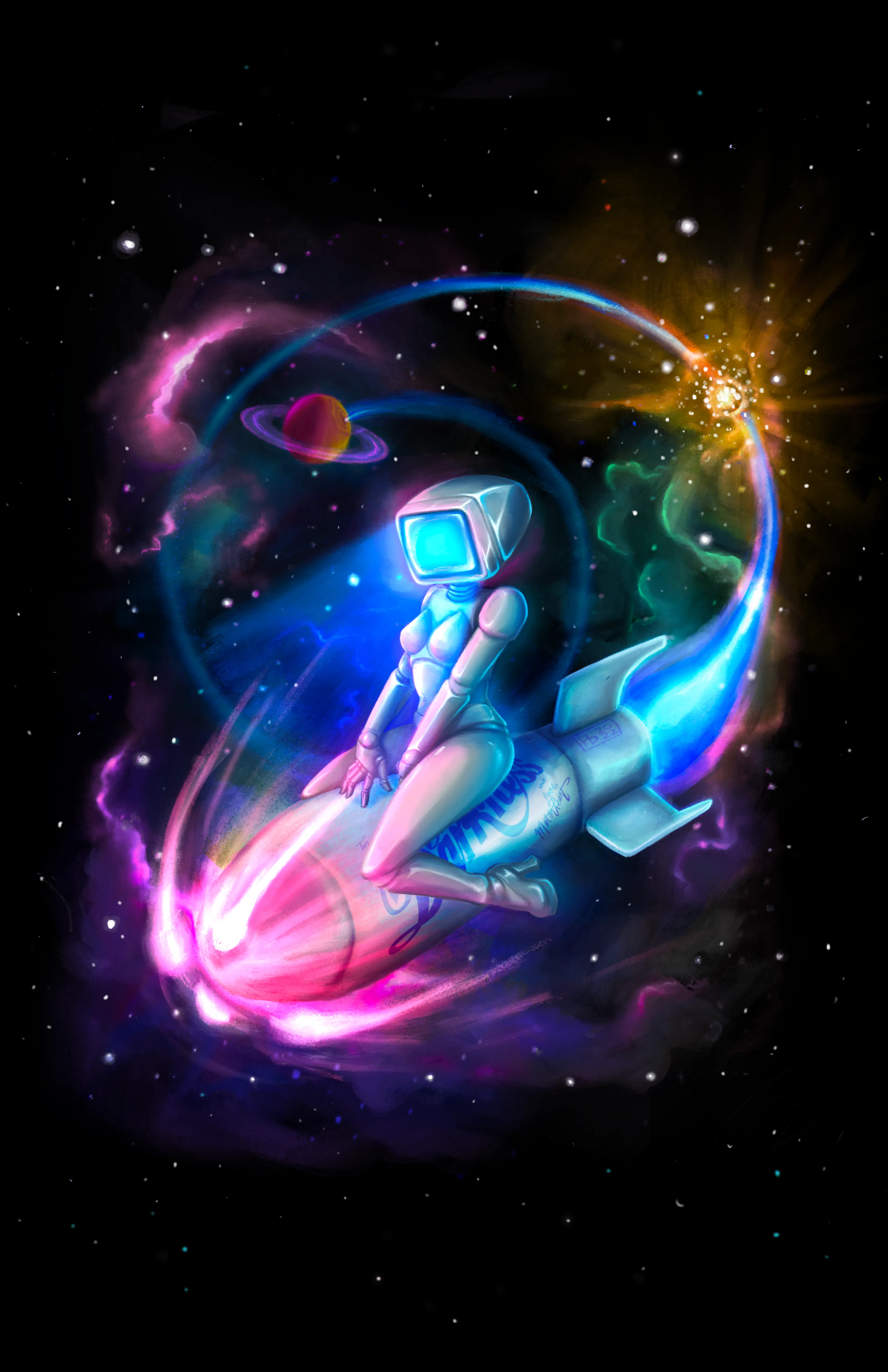 Motorheart. A television-headed rider streaks through space on a rocket, ringed by a sweep of nebulae with a planet and a burning star wheeling past.