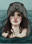 Portrait of a selkie girl rising from green water
