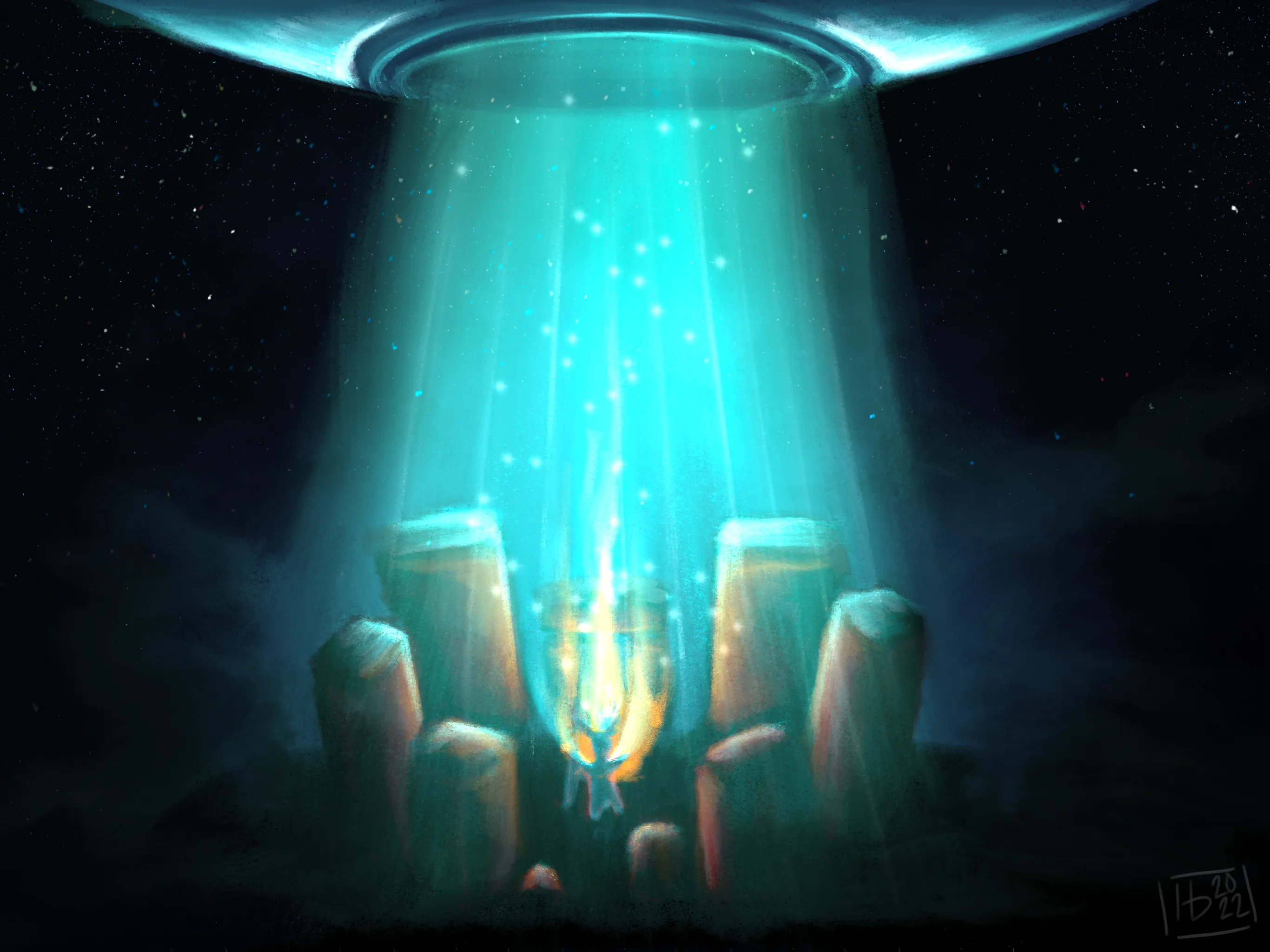 The Return. Standing stones under a beam of teal light, a figure rising into it.