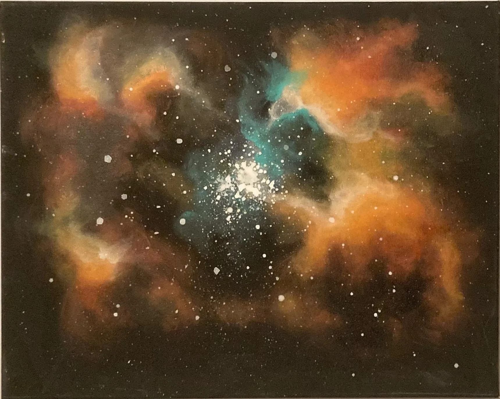 Nebula. An amber and teal nebula around a bright star cluster.