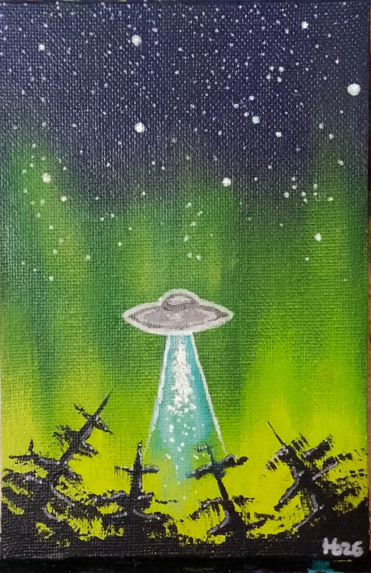 Visiting. A silver saucer lowers a teal beam over a dark pine treeline under a green aurora and stars.