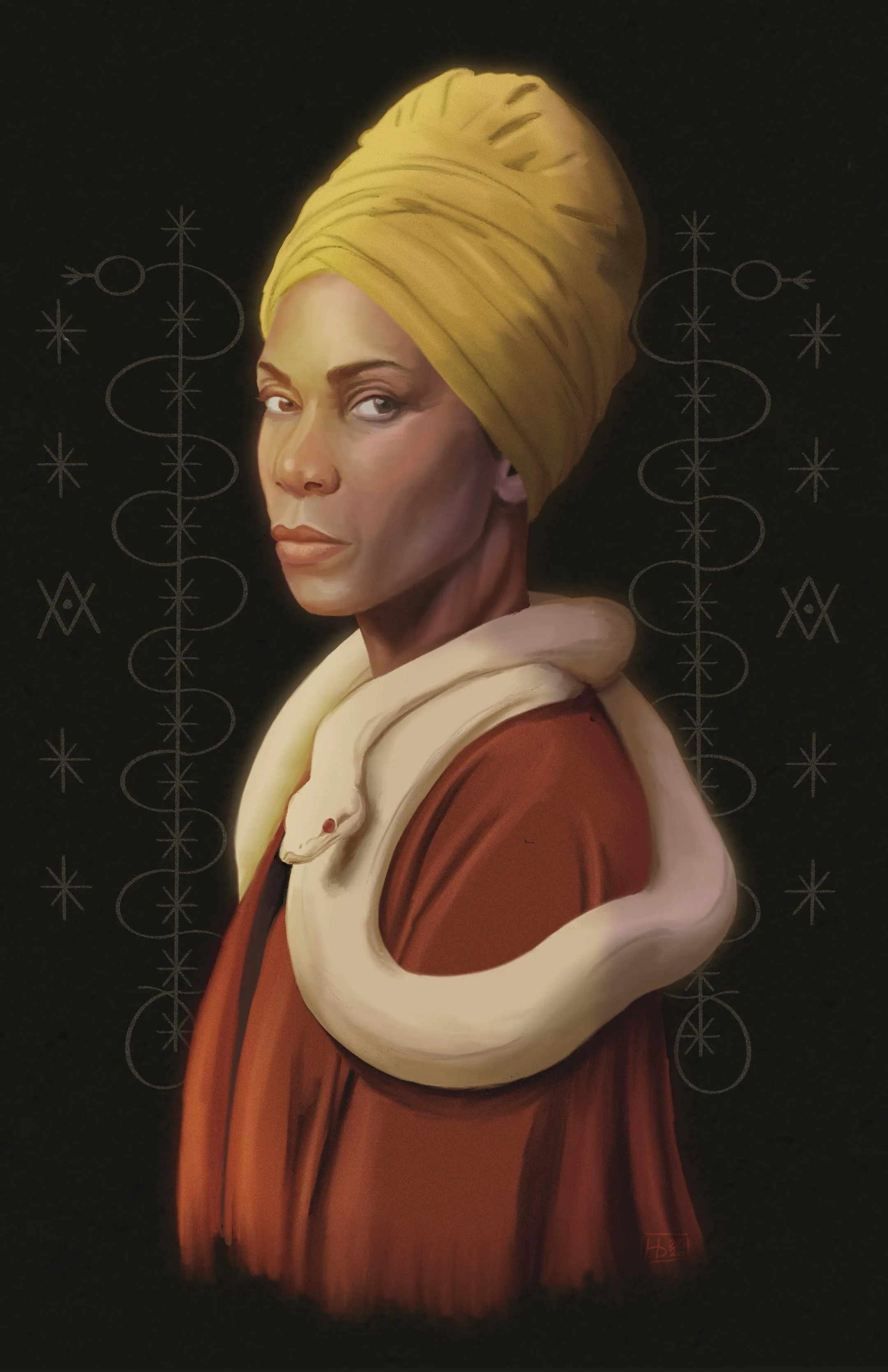 Voodoo Queen Marie Laveau. Marie Laveau, the Voodoo Queen of New Orleans, crowned in a golden head wrap with a pale snake draped across her shoulders, flanked by glowing veve symbols in the dark.